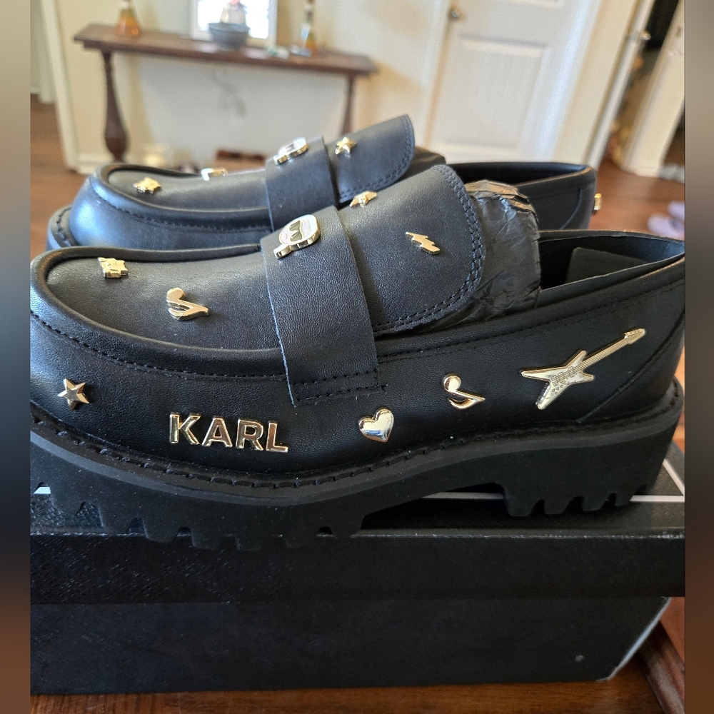 Karl Lagerfeld Black Leather Loafers with Gold Charms
